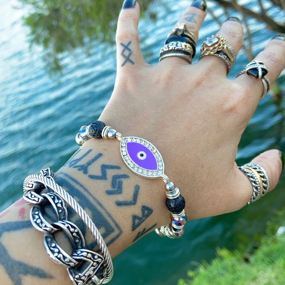 Purple cz evil eye black lava boho bead bracelet - Picture 7 of 14